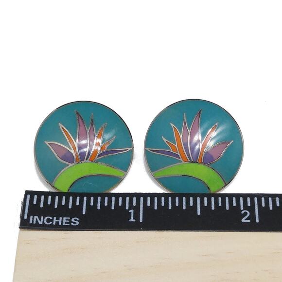 Vintage Laurel Burch Bird of Paradise Post Earrings, Silver Tone Cloisonné - Picture 7 of 10